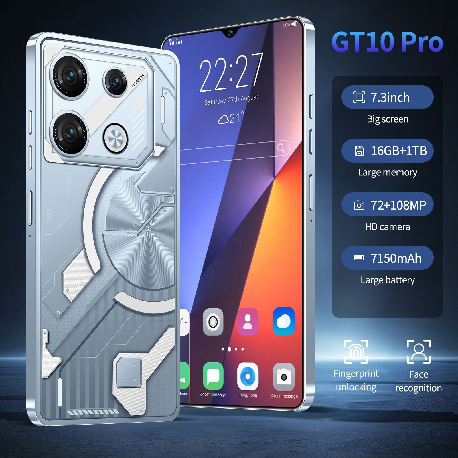 2024 New High quality Cellphone GT10 pro 7.3 inch 16GB+1TB Mobilephone Android14 Face Unlock 3G4G5G smartphone